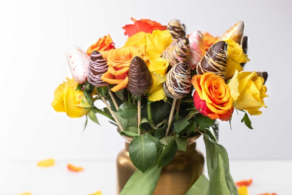 Chocolate Strawberry Bouquet in a gold vase.