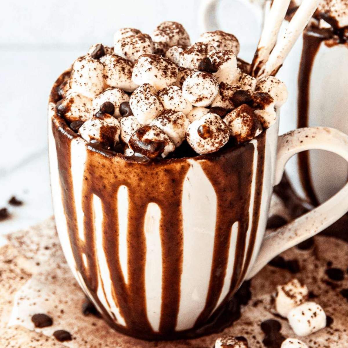 hot chocolate in a white cup with marshmallows