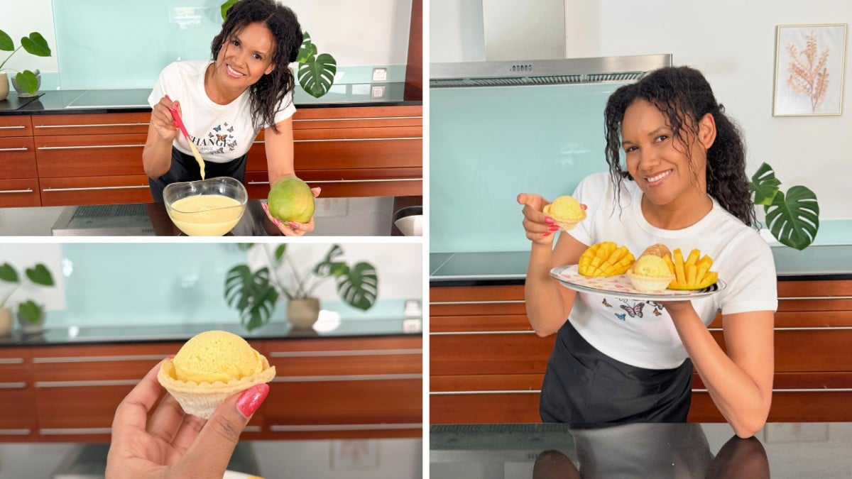 3 pictures of Keesha holding Mango Frozen Yogurt