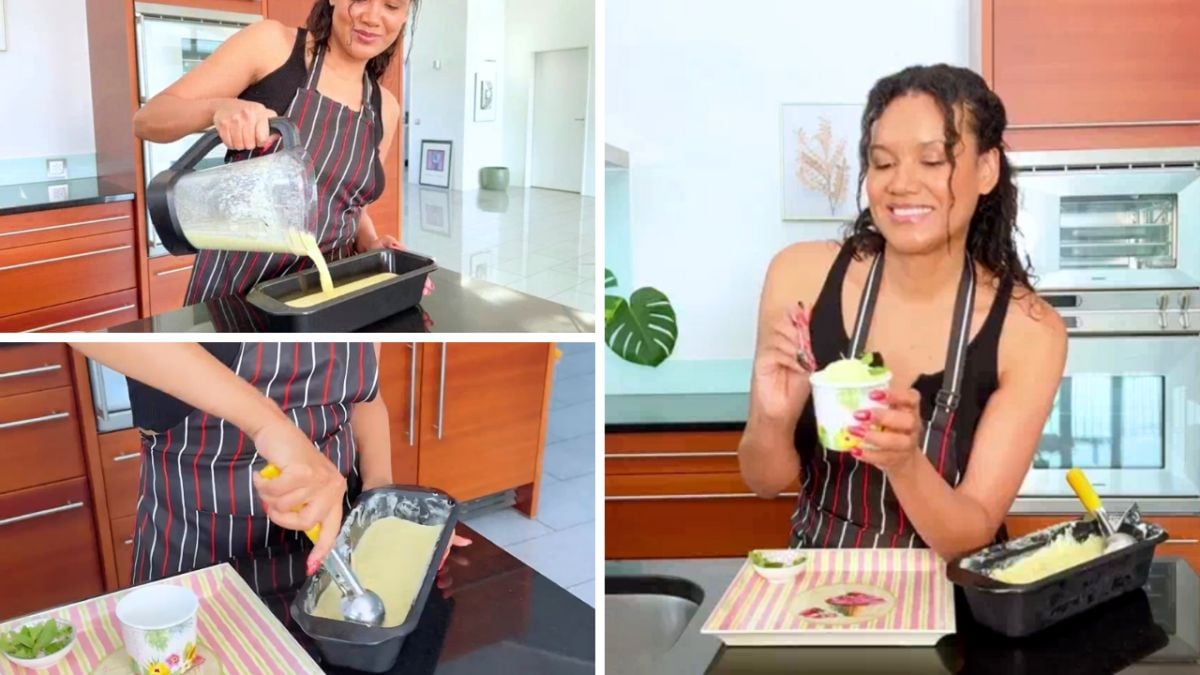 Collage of three images showing Keesha making pineapple sorbet in a kitchen. In the first image, she pours a blended pineapple mixture into a black loaf pan. In the second image, she scoops the frozen sorbet with an ice cream scoop. In the third image, she smiles while holding a cup of the sorbet, garnished with fresh mint, ready to enjoy.