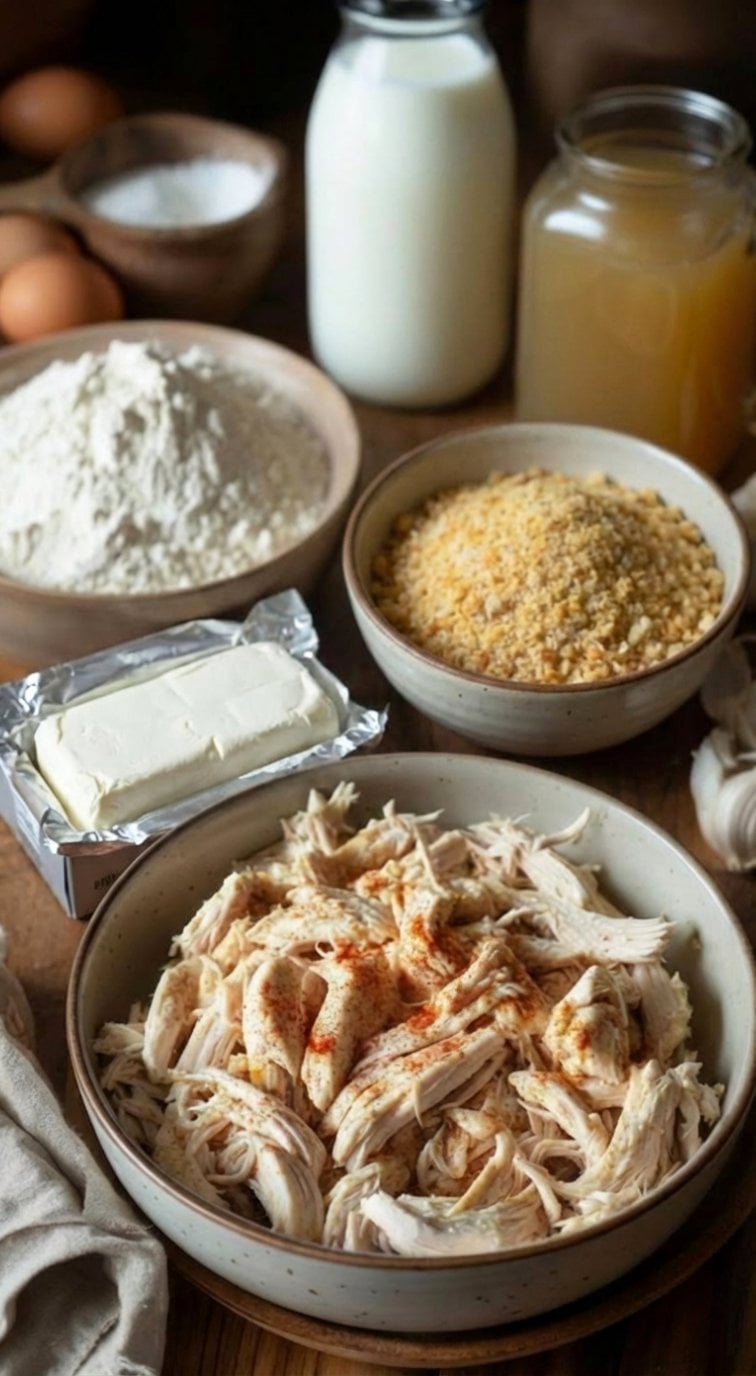 Ingredientes para la coxinha: pollo, harina, huevos, queso.