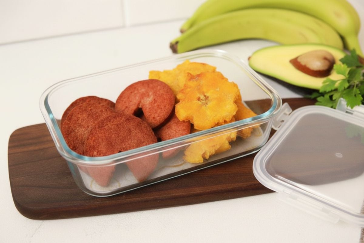 SALAMI DOMINICANO FRITO Y TOSTONES en un recipiente hermético.