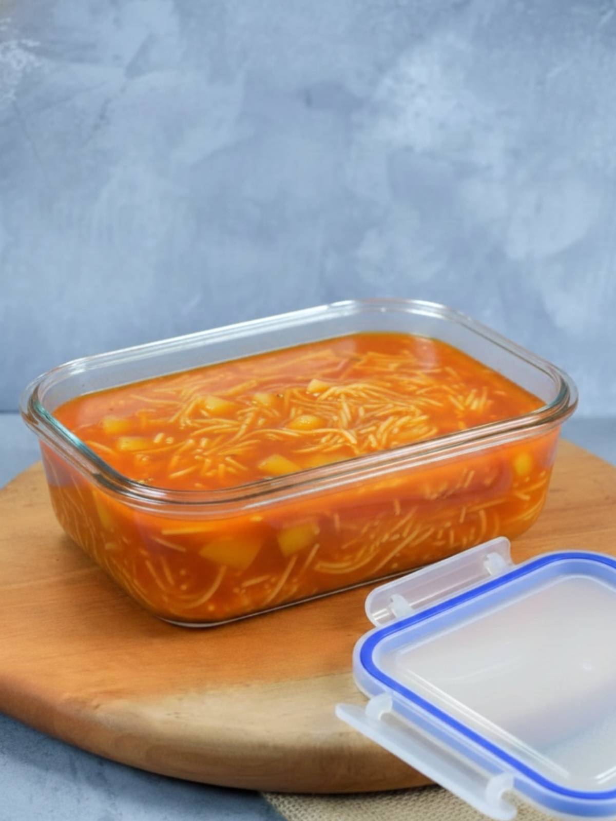 Mexican Sopa de Fideo con Papas in an airtight container