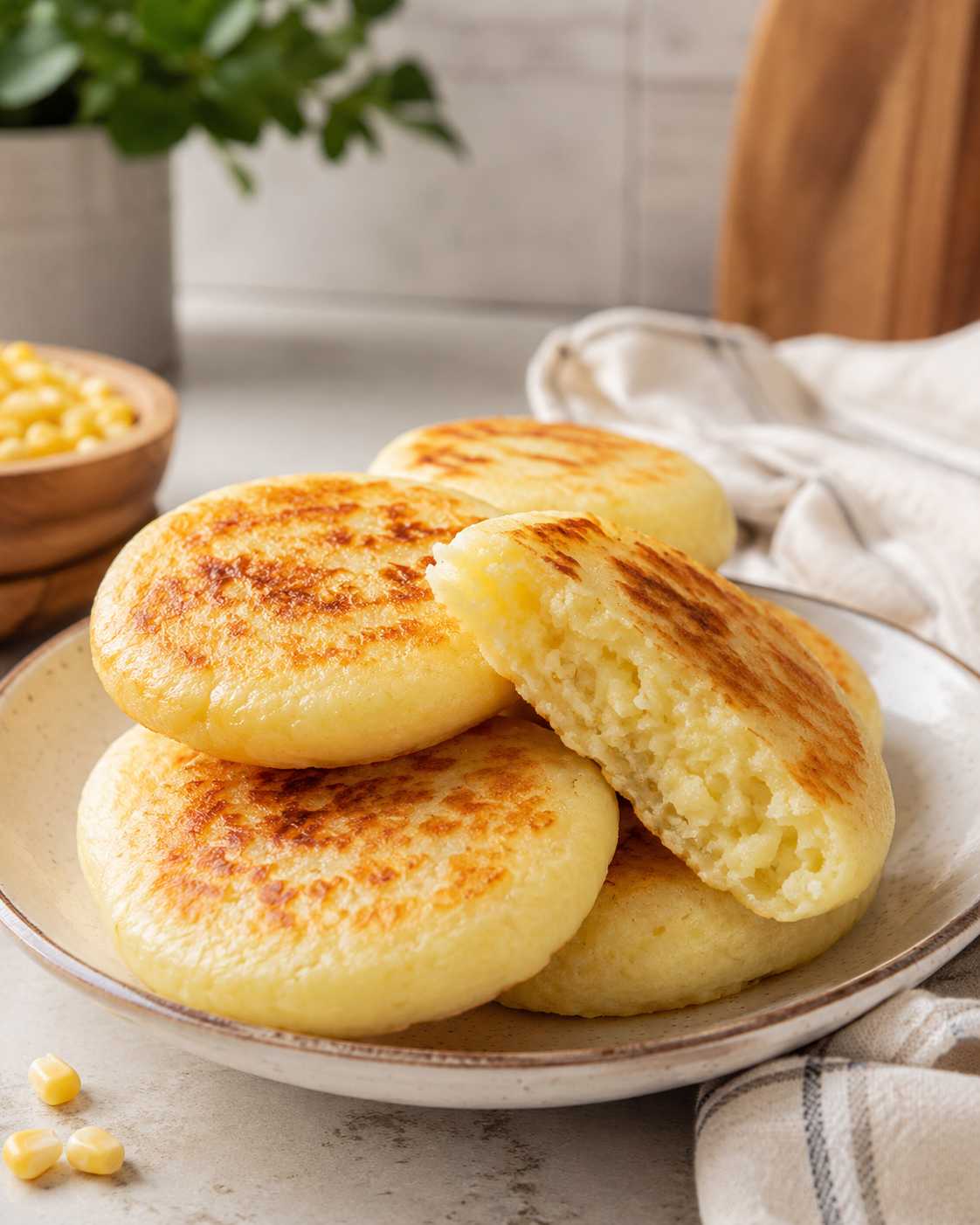 Golden Venezuelan sweet arepas served on a plate, with one broken open to show the soft corn center