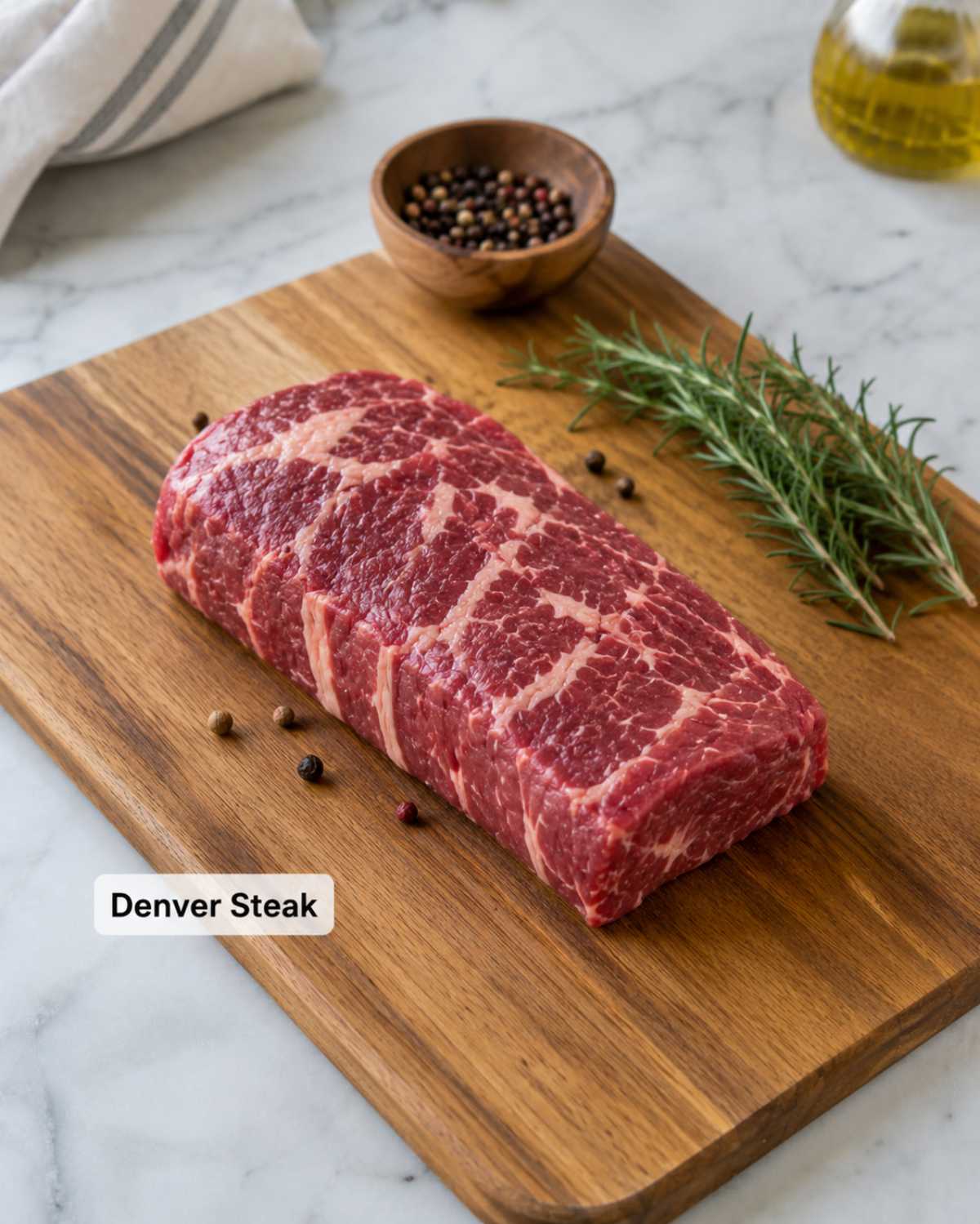 Raw Denver steak on a wooden cutting board with rosemary and peppercorns