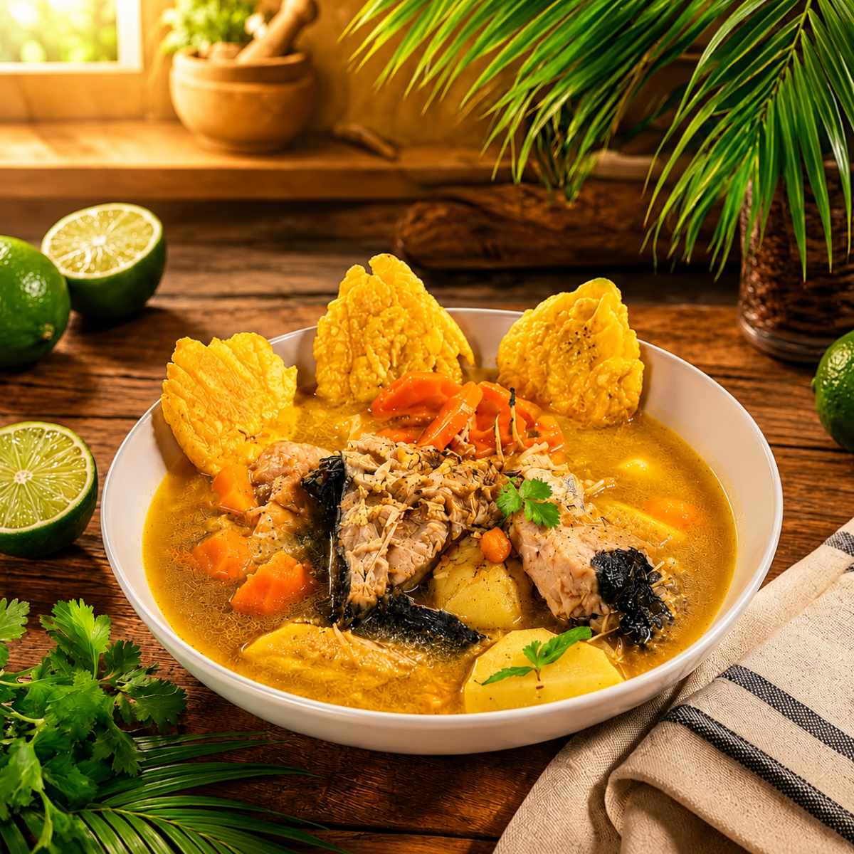 Bowl of Dominican mahi-mahi soup with vegetables and plantain