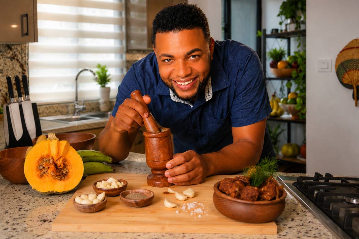Man preparing Dominican mofongo in a wooden pilón with green plantains and chicharrón