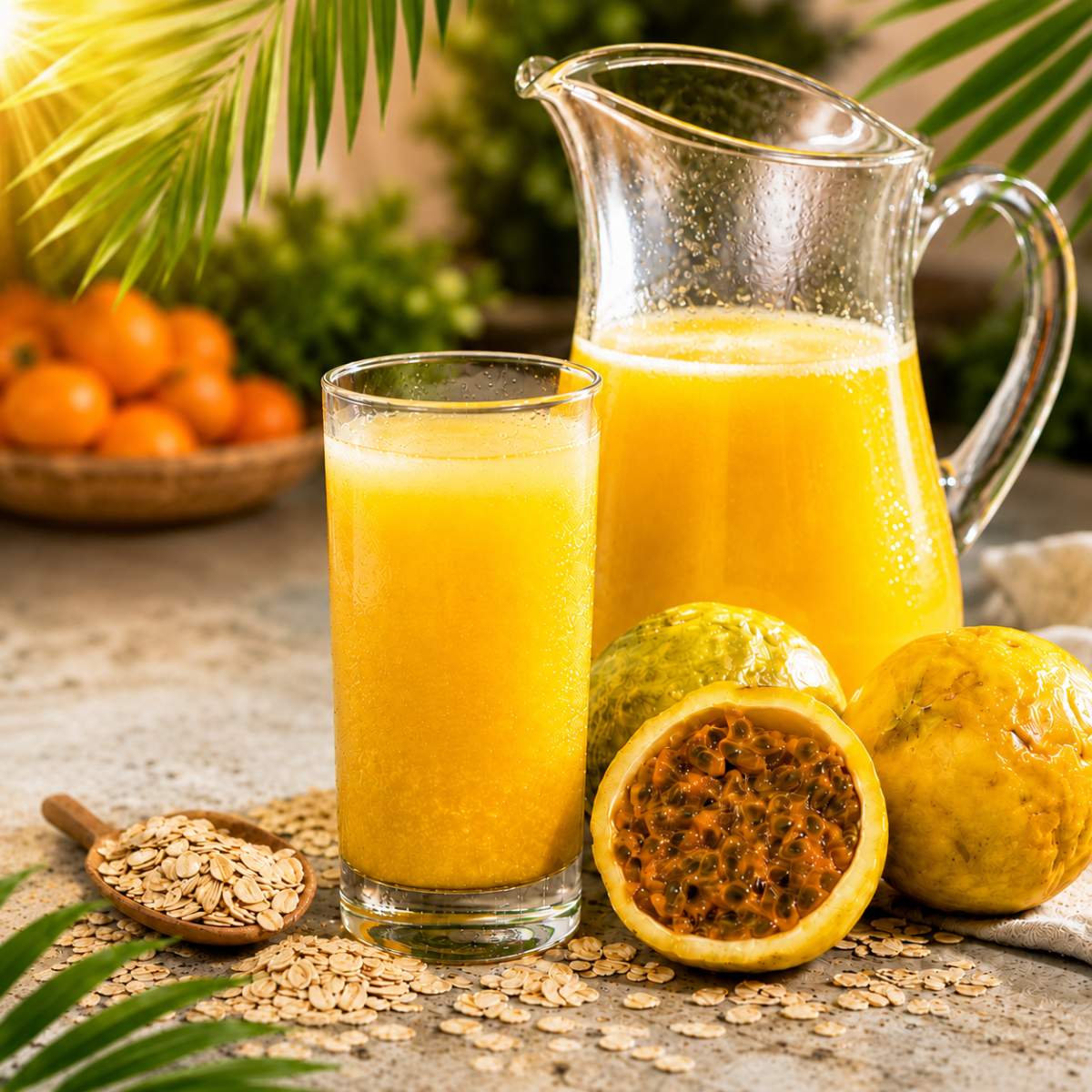 Dominican passion fruit oat juice served in a glass with fresh passion fruit and oats.
