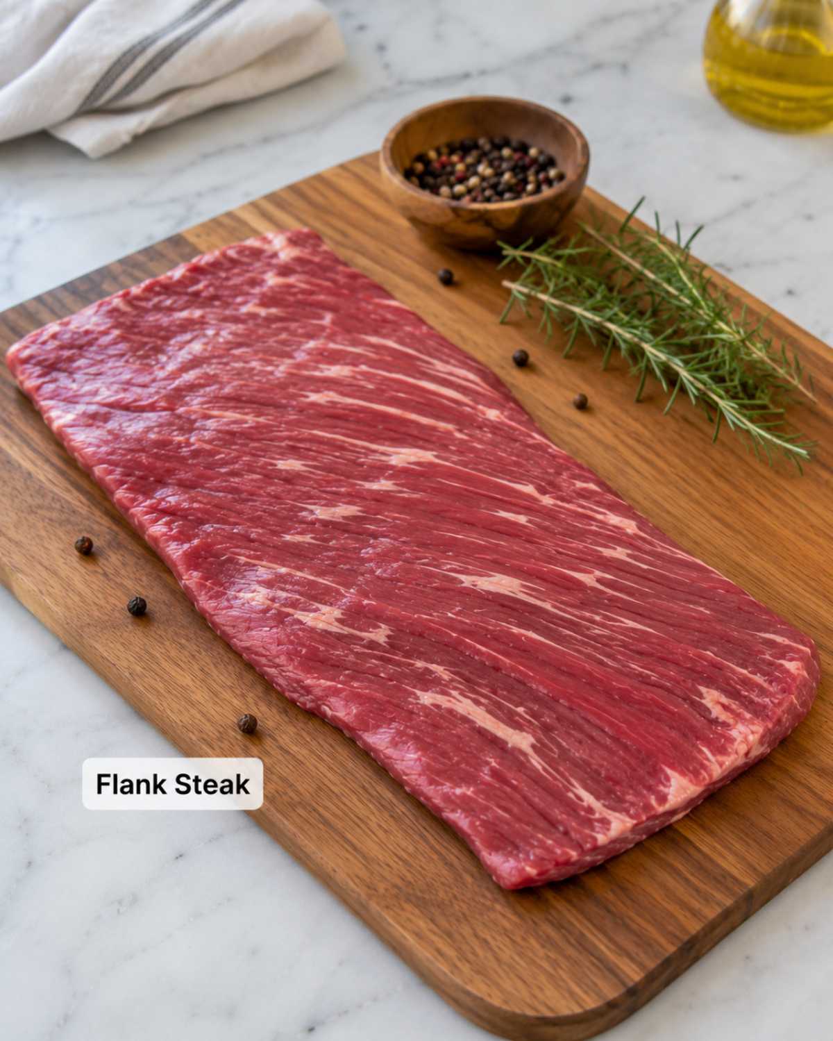 Raw flank steak on a wooden cutting board with rosemary and peppercorns
