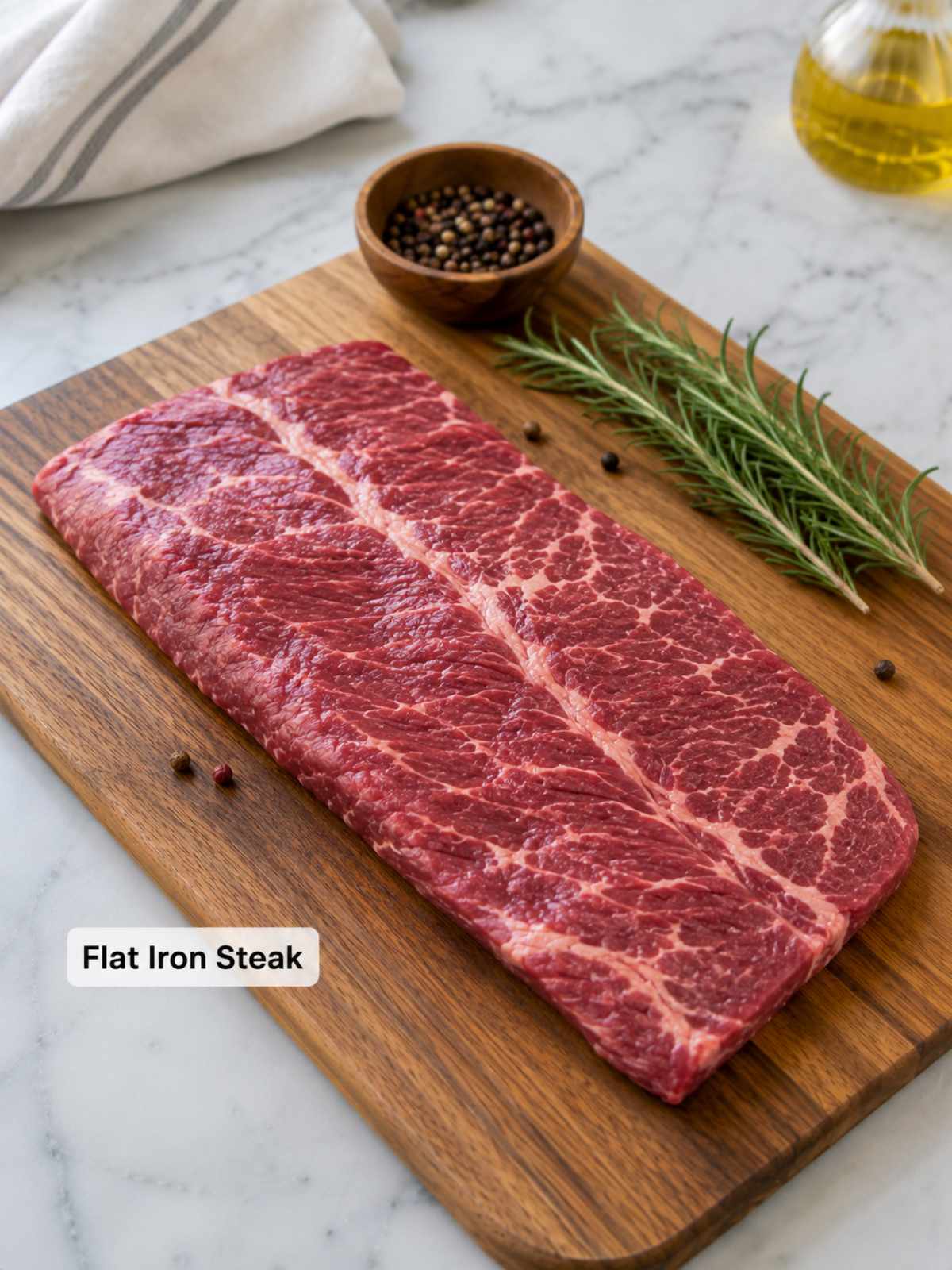 Raw flat iron steak on a wooden cutting board with rosemary and peppercorns.