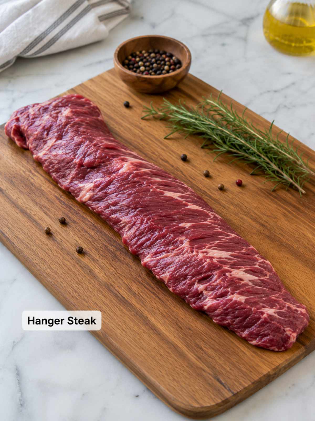 Raw hanger steak on a wooden cutting board with rosemary and peppercorns