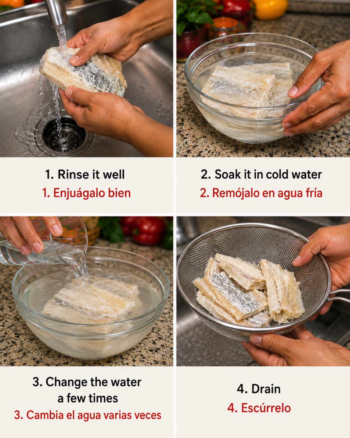 Four steps for desalting bacalao: rinse, soak in cold water, change the water, and drain