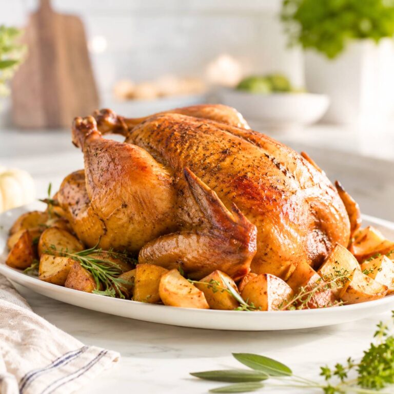 Roasted turkey with golden skin, potatoes, rosemary, and fresh herbs