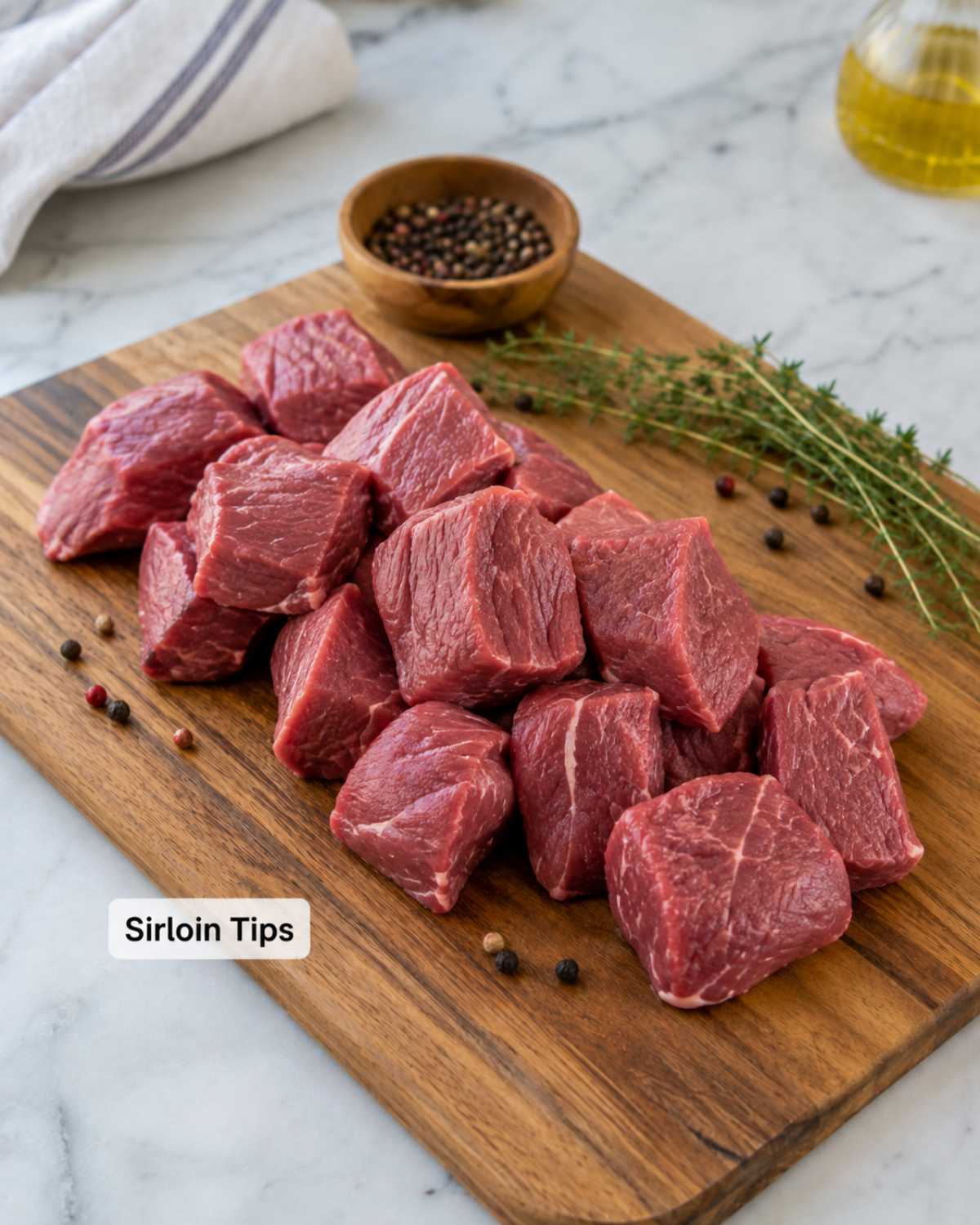 Raw sirloin tips on a wooden cutting board with herbs and peppercorns