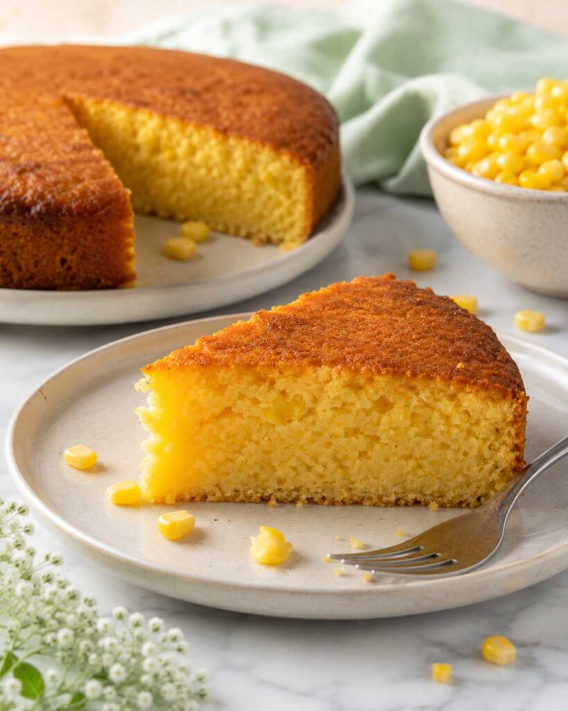 Slice of Venezuelan torta de jojoto with a golden crust and soft corn center