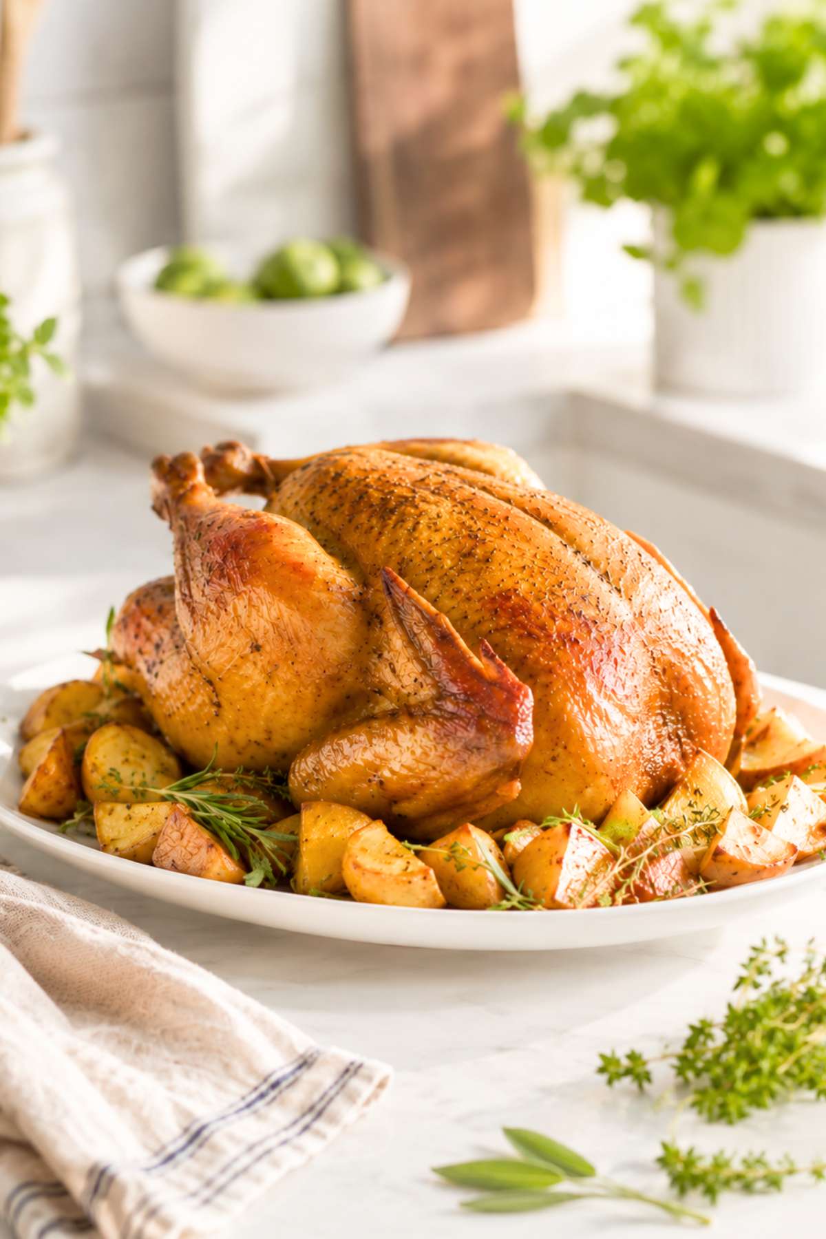Golden roast turkey with potatoes and fresh herbs on a serving platter