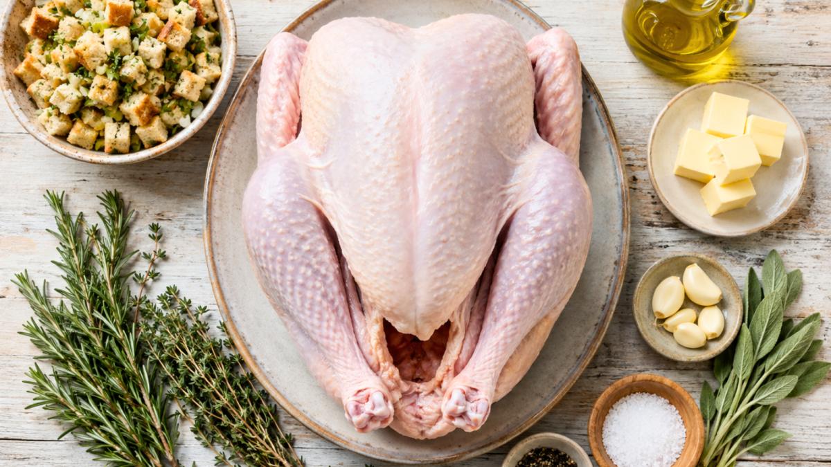 Raw turkey with stuffing, butter, garlic, olive oil, and fresh herbs ready for roasting