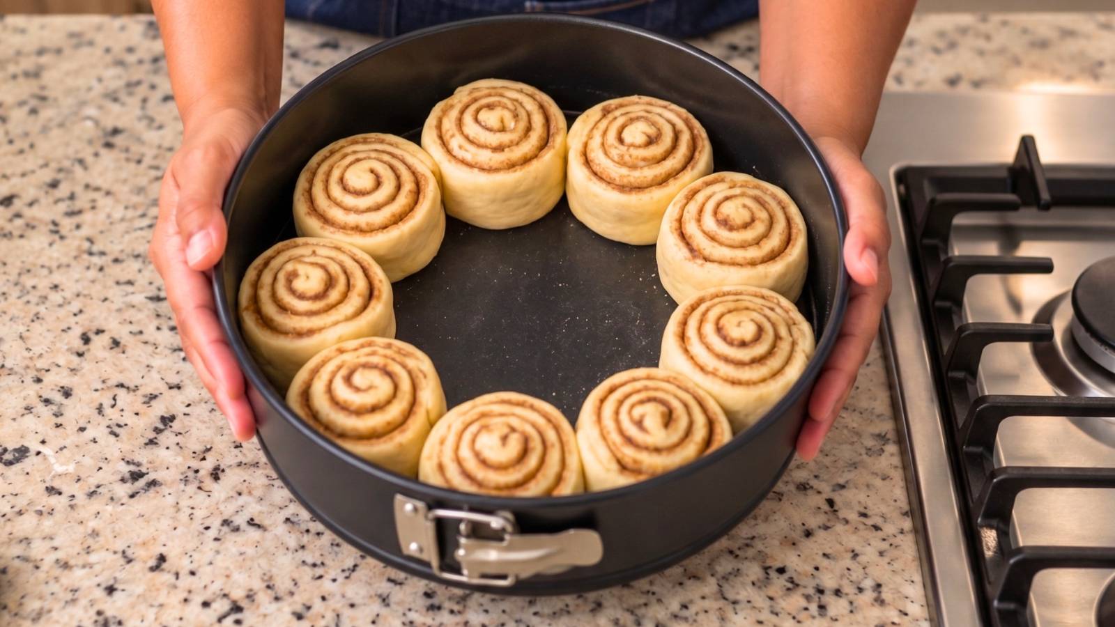 Homemade cinnamon rolls arranged in a round baking pan before baking.
