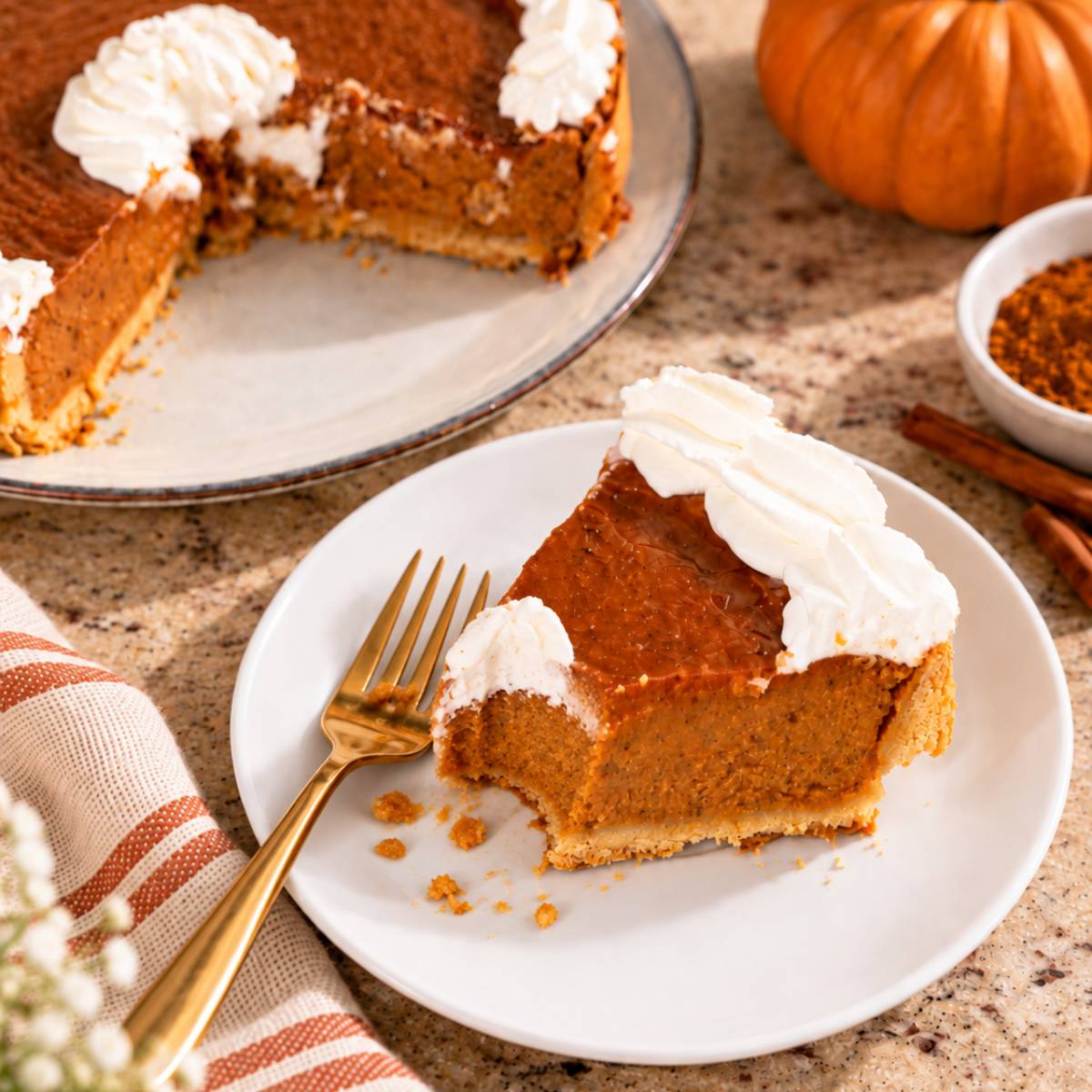 Homemade pumpkin pie served with a golden crust