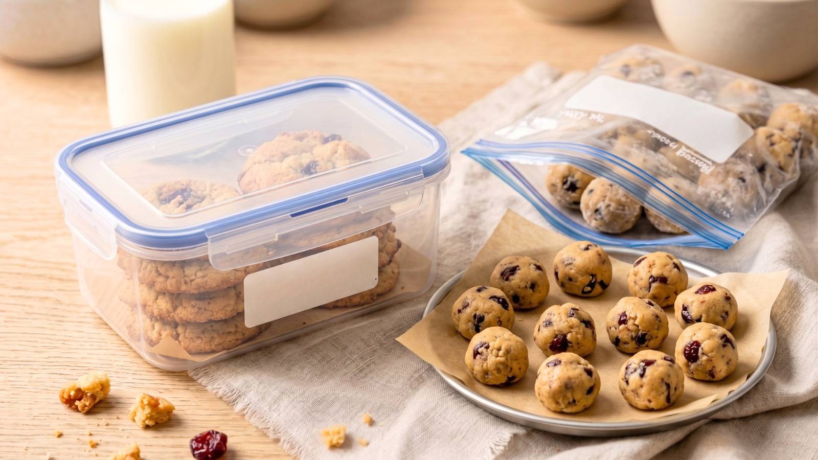 New York-style guava and white chocolate cookies stored in an airtight container with cookie dough balls ready to freeze