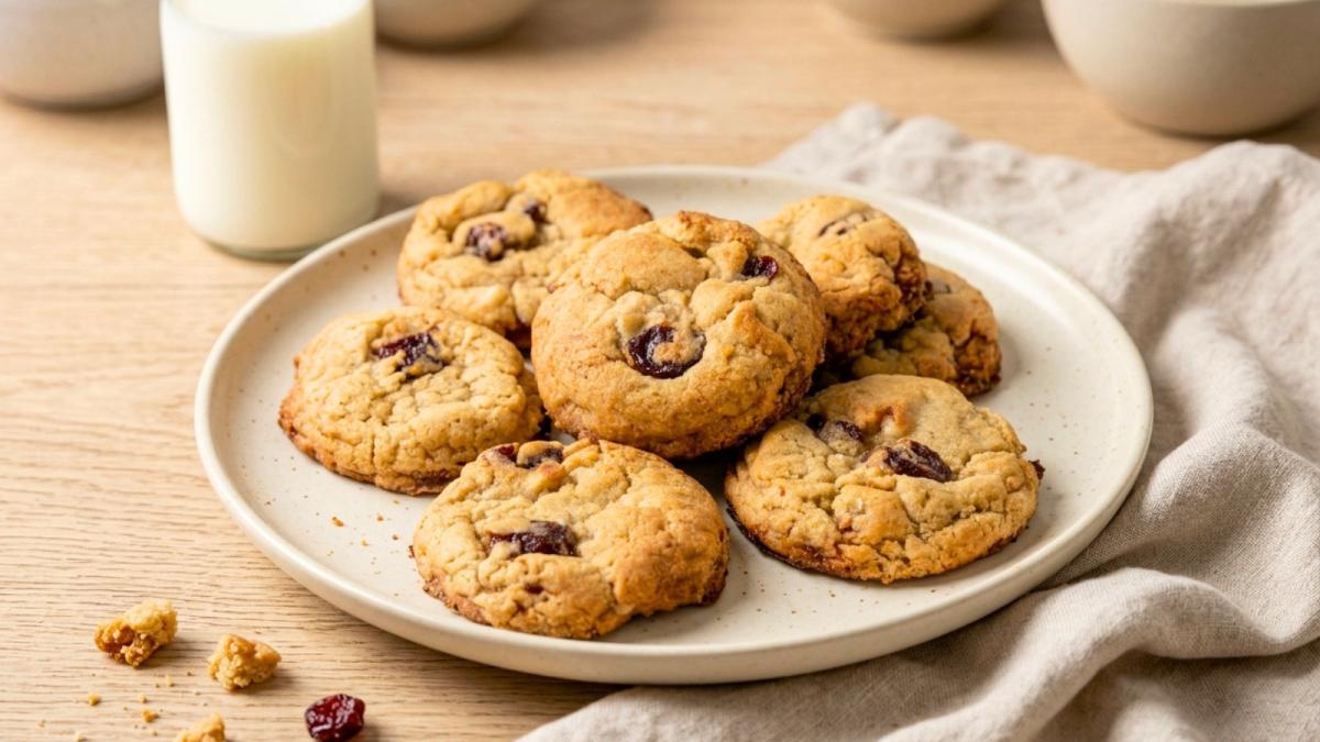 New York-style guava and white chocolate cookies on a white ceramic plate