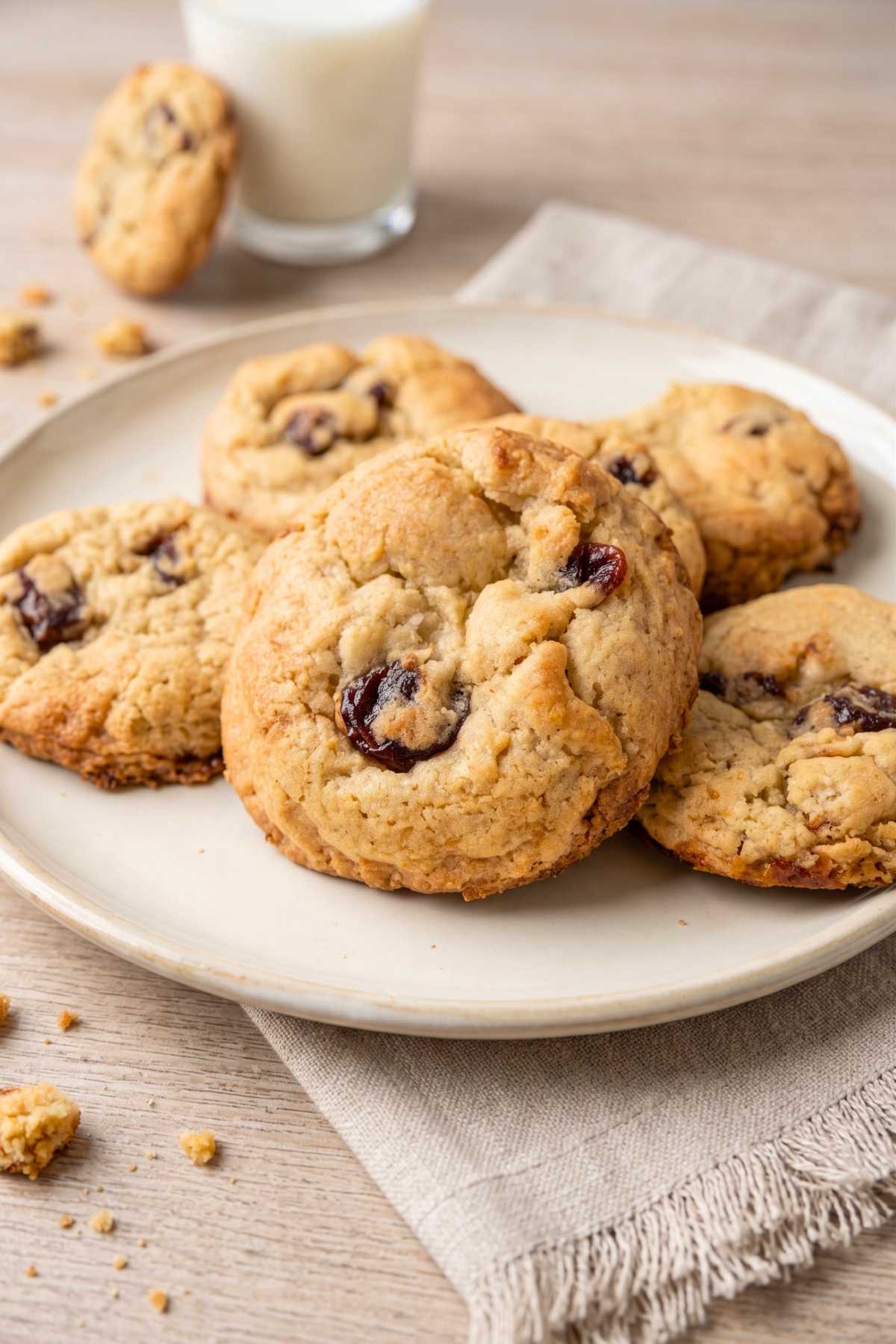 New York-style guava and white chocolate cookies on a white ceramic plate with a glass of milk