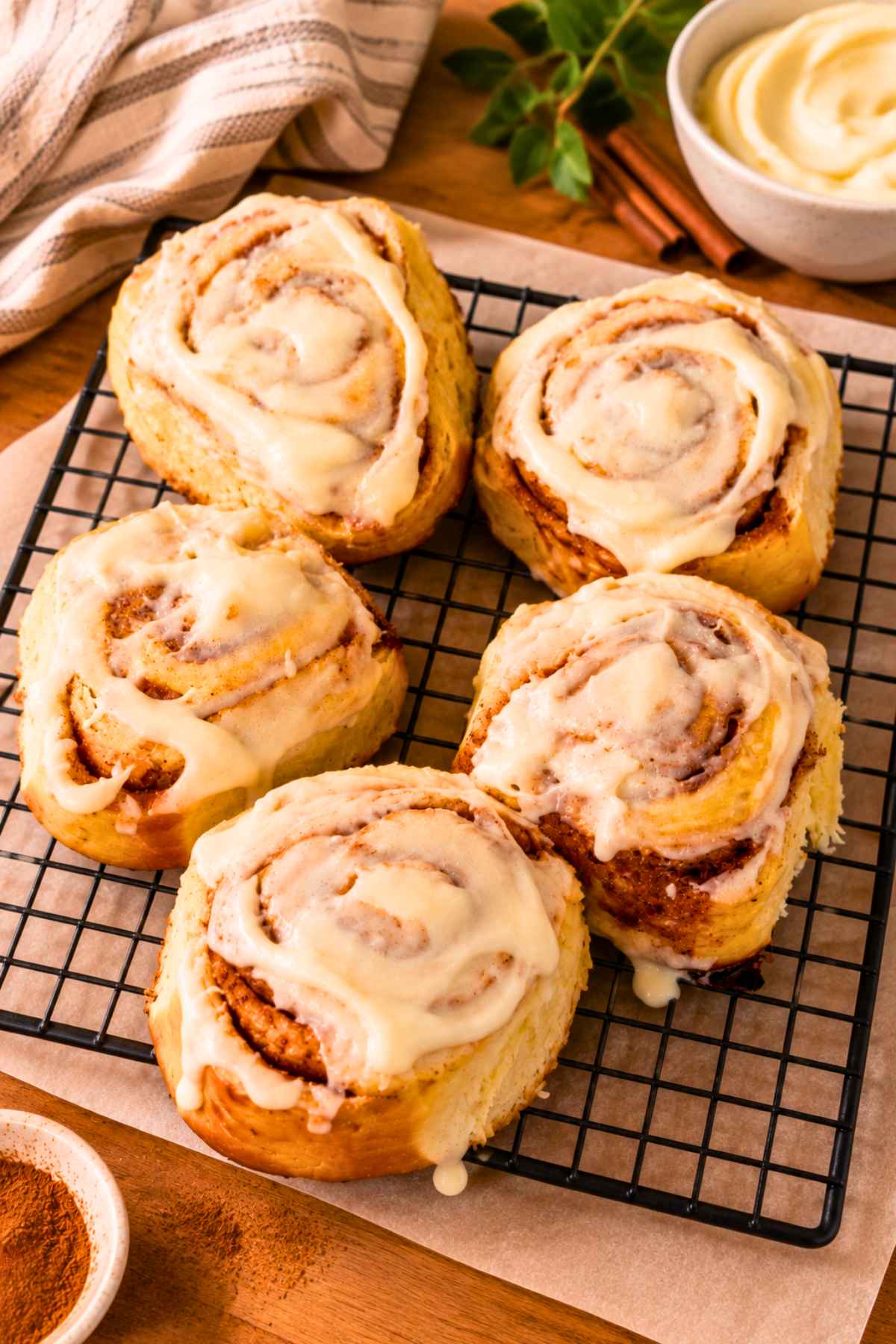Soft cinnamon rolls topped with cream cheese icing