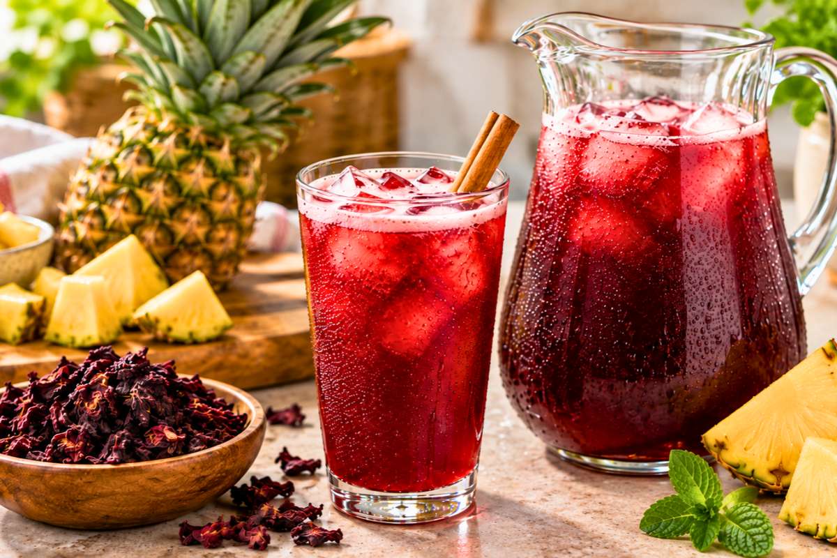 Fresh pineapple and hibiscus drink ready to serve